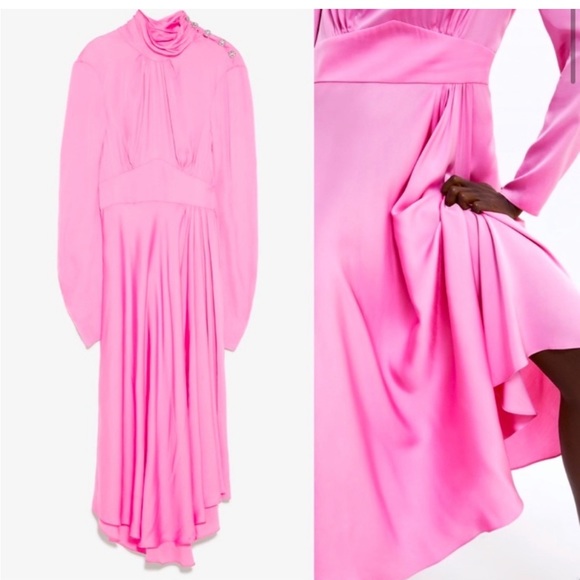 Zara | Dresses | Pink Satin Midi Dress With Jewels | Poshmark
